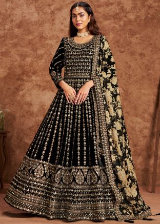 Black Dori Embroidered Velvet Anarkali Suit