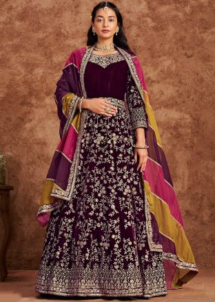 Wine Dori Embroidered Velvet Anarkali Suit