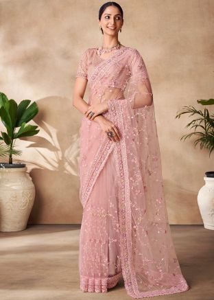 Pink Thread Embroidered Net Saree 