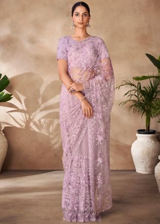 Lavender Sequins Embellished Saree In Net
