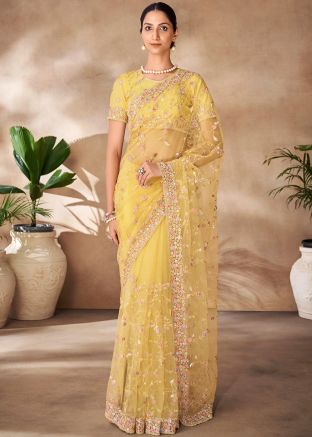 Yellow Net Saree In Sequins Embellishment