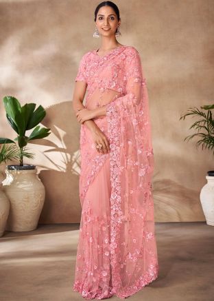 Peach Net Saree In Thread Embroidery