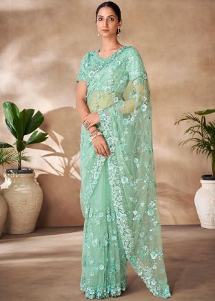 Pastel Green Sequins Embellished Saree In Net