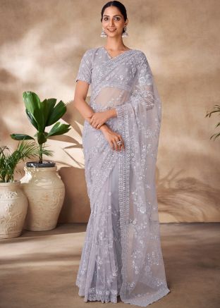 Grey Net Sequins Embellished Saree 