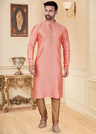 Peach Embroidered Readymade Kurta Pajama For Men