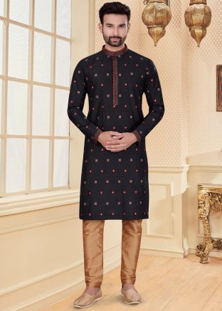 Black Mens Readymade Silk Kurta With Pyjama