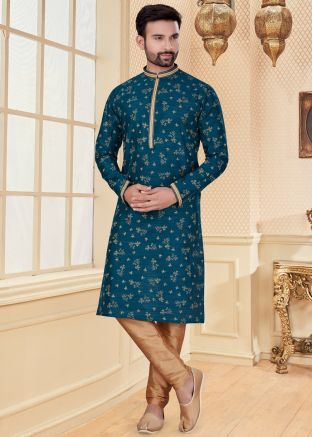 Readymade Mens Blue Kurta Pajama In Jacquard