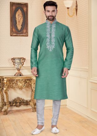 Green Readymade Silk Kurta With Churidar