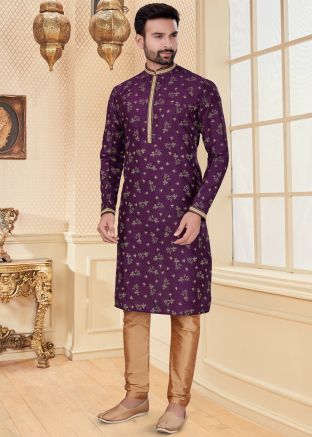 Purple Readymade Silk Kurta Set With Digital Print