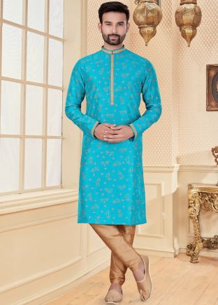 Blue Digital Print Readymade Kurta Pajama In Silk