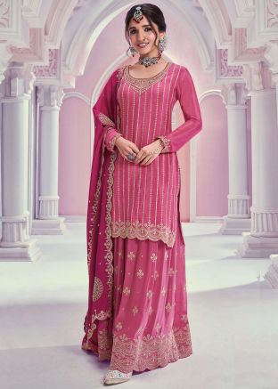 Pink Embroidered Salwar Suit Set In Chiffon