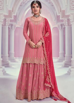 Pink Embroidered Salwar Suit Set In Chiffon