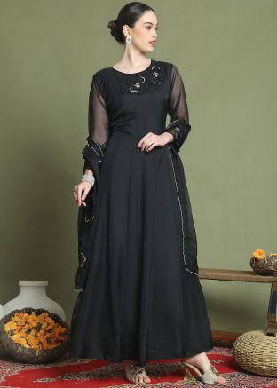 Black Organza Embroidered Anarkali Suit