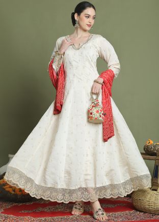 Cream Embroidered Anarkali Suit In Art Silk