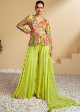 Readymade Green Embroidered Palazzo Suit In Chiffon