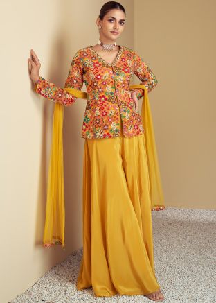 Mustard Yellow Readymade Floral Print Palazzo Suit