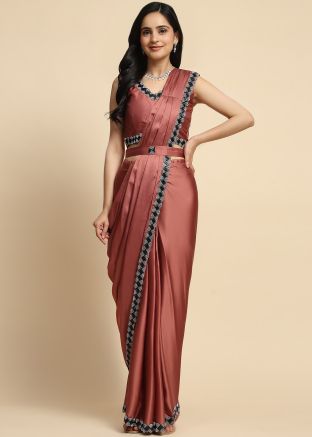 Brown Readymade Embroidered Saree In Satin