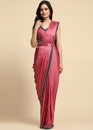 Red Readymade Embroidered Saree In Satin