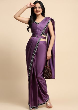 Purple Readymade Embroidered Saree In Satin