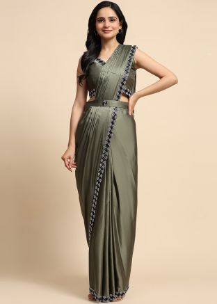 Green Readymade Embroidered Saree In Satin
