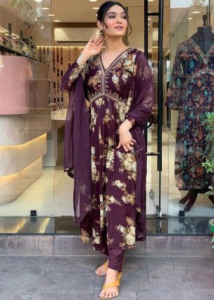 Purple Floral Print Salwar Suit Set
