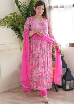 Pink Printed Salar Suit Set In Viscose