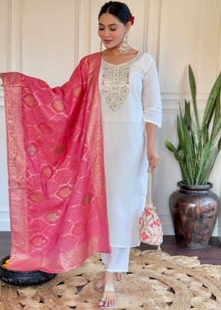 White Embroidered Salwar Suit Set In Chanderi