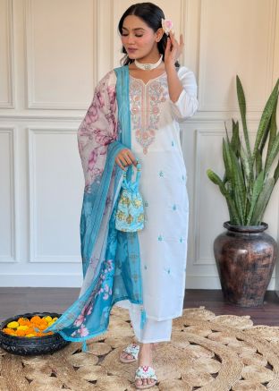 White Sequin Work Salwar Suit Set In Viscose