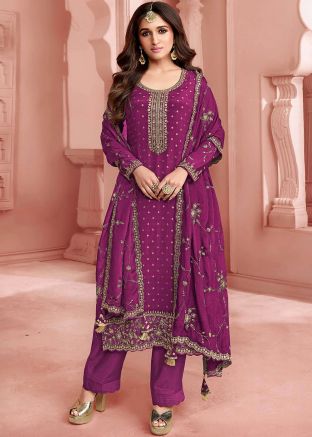 Purple Embroidered Pant Suit In Art Silk