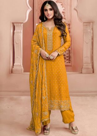 Yellow Embroidered Pant Suit In Art Silk