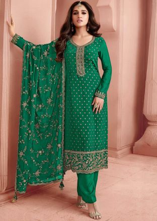 Green Embroidered Pant Suit Set In Art Silk