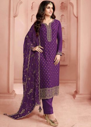 Purple Embroidered Pant Suit In Art Silk