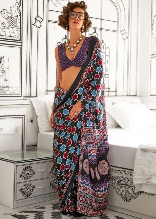 Black Digital Print Saree In Satin