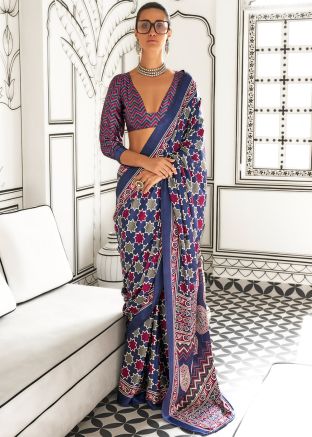 Blue Digital Print Saree In Satin