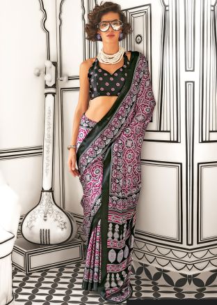 Black Digital Print Saree In Satin