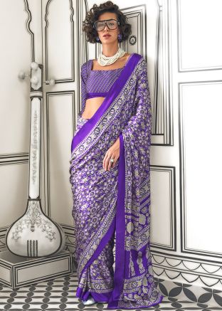 Blue Digital Print Saree In Satin