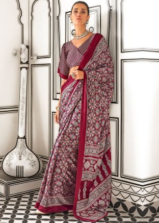 Maroon Digital Print Saree In Satin