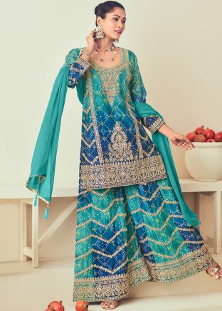 Blue Embroidered Salwar Suit Set In Chiffon