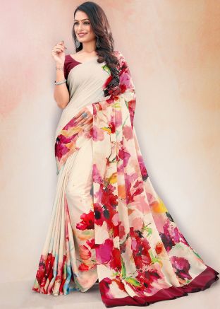 Digital Printed Crape Saree In Cream