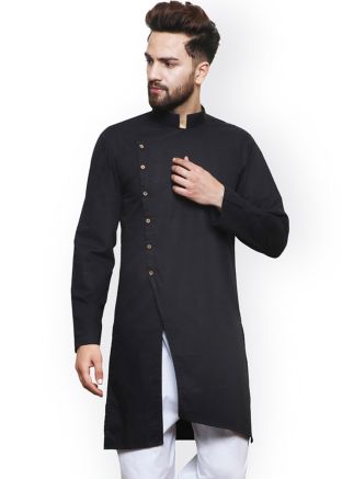 Shop Readymade Black Cotton Asymmetric Men Kurta Online