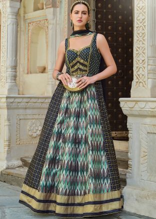 Black Readymade Printed Anarkali Suit In Silk