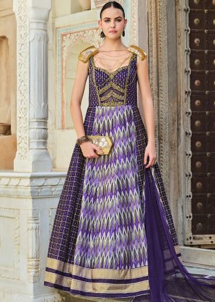Readymade Purple Printed Anarkali Suit & Dupatta