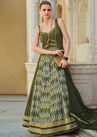 Readymade Green Printed Anarkali Suit & Dupatta