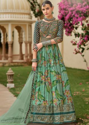 Green Floral Print Readymade Anarkali Suit