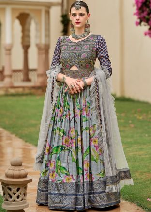 Grey Floral Print Readymade Anarkali Suit In Silk