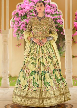 Yellow Floral Print Readymade Silk Anarkali Suit