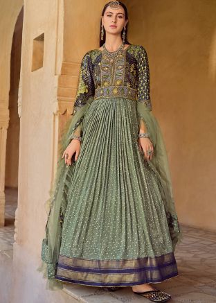 Readymade Green Bandhej Print Anarkali Suit