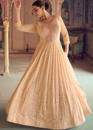 Cream Readymade Chikankari Embroidered Anarkali Suit