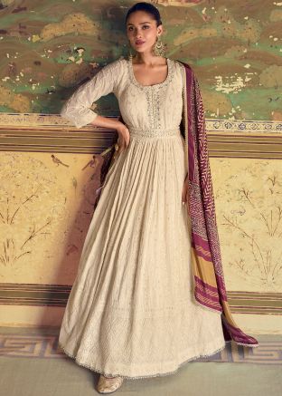 Off White Readymade Chikankari Embroidered Anarkali Suit