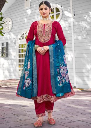 Pink Readymade Embroidered Anarkali Pant Suit
